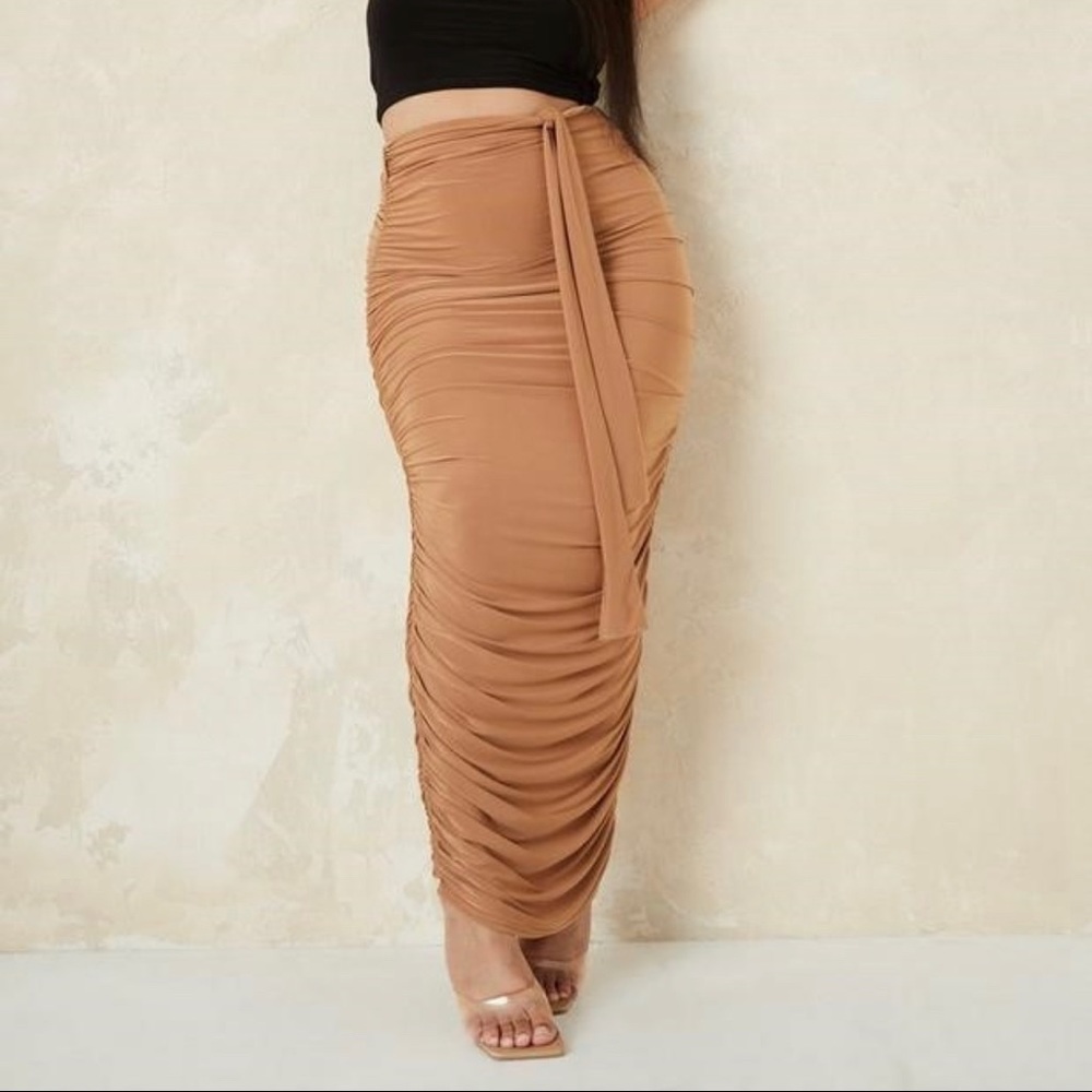 Plus Size Camel Slinky Ruched Midaxi Skirt